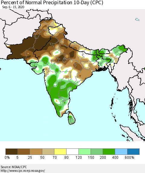 Southern Asia Percent of Normal Precipitation 10-Day (CPC) Thematic Map For 9/6/2020 - 9/15/2020
