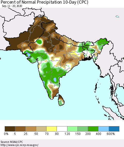 Southern Asia Percent of Normal Precipitation 10-Day (CPC) Thematic Map For 9/11/2020 - 9/20/2020