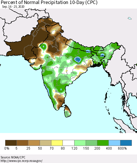 Southern Asia Percent of Normal Precipitation 10-Day (CPC) Thematic Map For 9/16/2020 - 9/25/2020