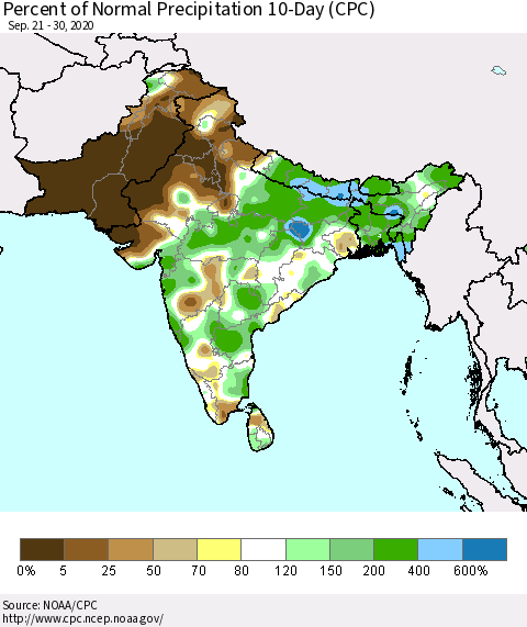 Southern Asia Percent of Normal Precipitation 10-Day (CPC) Thematic Map For 9/21/2020 - 9/30/2020