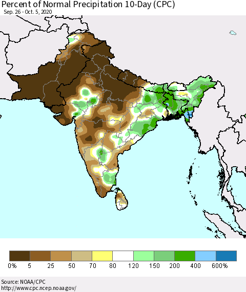 Southern Asia Percent of Normal Precipitation 10-Day (CPC) Thematic Map For 9/26/2020 - 10/5/2020