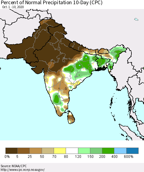 Southern Asia Percent of Normal Precipitation 10-Day (CPC) Thematic Map For 10/1/2020 - 10/10/2020