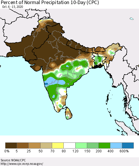 Southern Asia Percent of Normal Precipitation 10-Day (CPC) Thematic Map For 10/6/2020 - 10/15/2020