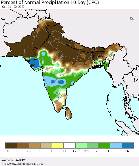 Southern Asia Percent of Normal Precipitation 10-Day (CPC) Thematic Map For 10/11/2020 - 10/20/2020