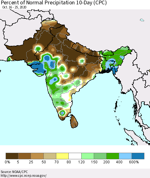 Southern Asia Percent of Normal Precipitation 10-Day (CPC) Thematic Map For 10/16/2020 - 10/25/2020