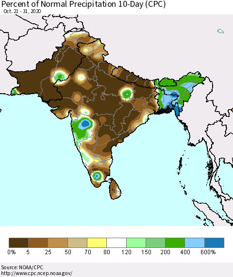 Southern Asia Percent of Normal Precipitation 10-Day (CPC) Thematic Map For 10/21/2020 - 10/31/2020