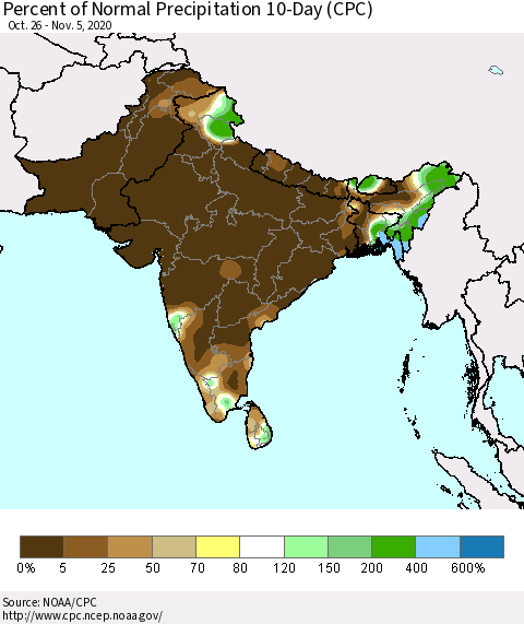 Southern Asia Percent of Normal Precipitation 10-Day (CPC) Thematic Map For 10/26/2020 - 11/5/2020