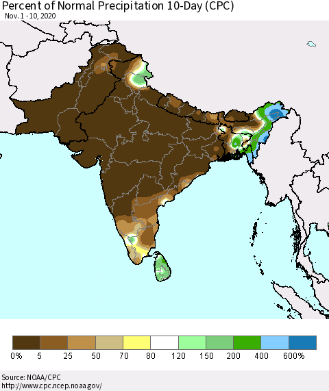 Southern Asia Percent of Normal Precipitation 10-Day (CPC) Thematic Map For 11/1/2020 - 11/10/2020