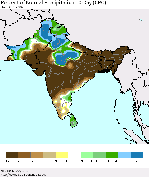 Southern Asia Percent of Normal Precipitation 10-Day (CPC) Thematic Map For 11/6/2020 - 11/15/2020