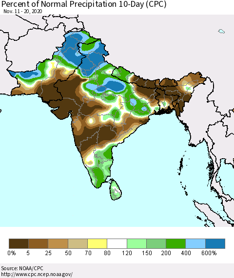 Southern Asia Percent of Normal Precipitation 10-Day (CPC) Thematic Map For 11/11/2020 - 11/20/2020