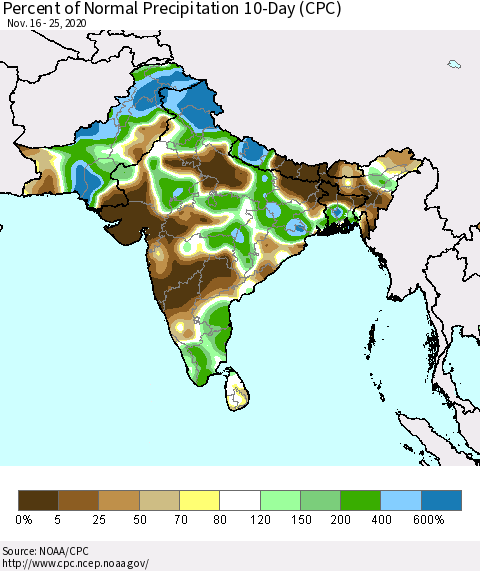 Southern Asia Percent of Normal Precipitation 10-Day (CPC) Thematic Map For 11/16/2020 - 11/25/2020