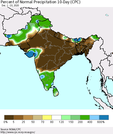 Southern Asia Percent of Normal Precipitation 10-Day (CPC) Thematic Map For 12/1/2020 - 12/10/2020