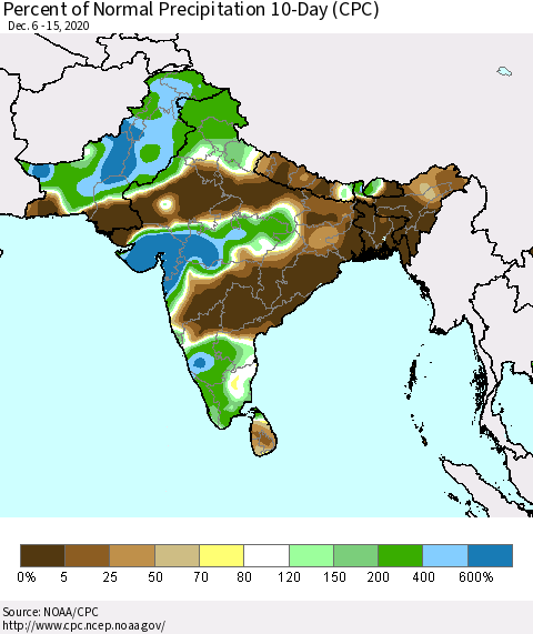 Southern Asia Percent of Normal Precipitation 10-Day (CPC) Thematic Map For 12/6/2020 - 12/15/2020