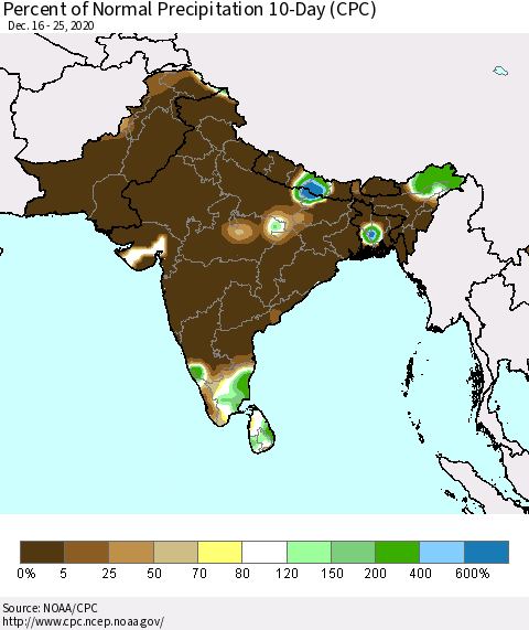 Southern Asia Percent of Normal Precipitation 10-Day (CPC) Thematic Map For 12/16/2020 - 12/25/2020