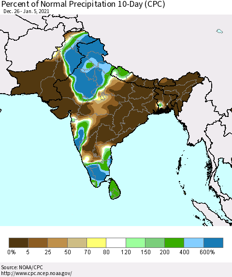 Southern Asia Percent of Normal Precipitation 10-Day (CPC) Thematic Map For 12/26/2020 - 1/5/2021