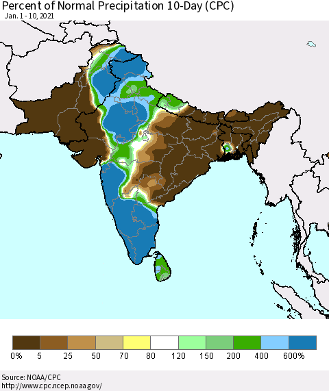 Southern Asia Percent of Normal Precipitation 10-Day (CPC) Thematic Map For 1/1/2021 - 1/10/2021
