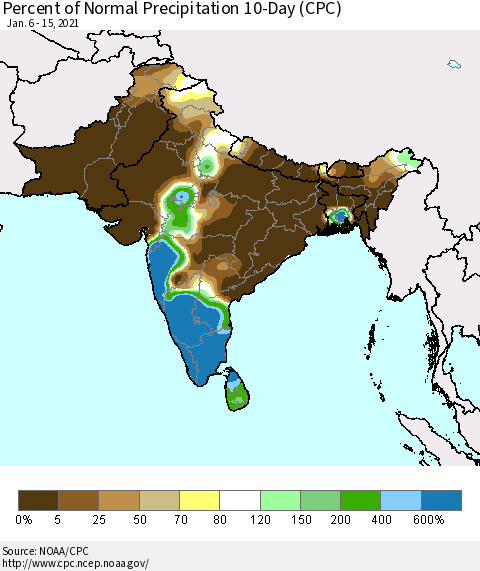 Southern Asia Percent of Normal Precipitation 10-Day (CPC) Thematic Map For 1/6/2021 - 1/15/2021