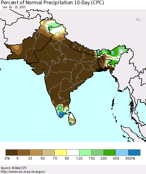 Southern Asia Percent of Normal Precipitation 10-Day (CPC) Thematic Map For 1/16/2021 - 1/25/2021
