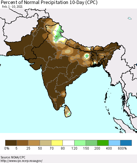 Southern Asia Percent of Normal Precipitation 10-Day (CPC) Thematic Map For 2/1/2021 - 2/10/2021