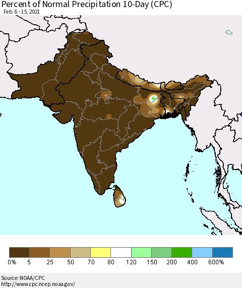 Southern Asia Percent of Normal Precipitation 10-Day (CPC) Thematic Map For 2/6/2021 - 2/15/2021