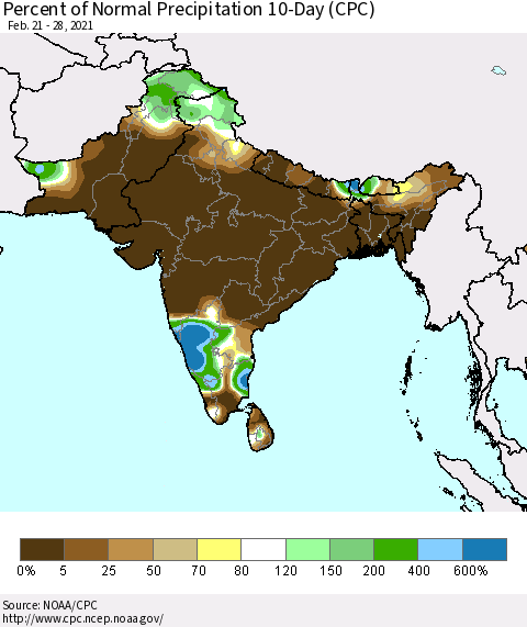 Southern Asia Percent of Normal Precipitation 10-Day (CPC) Thematic Map For 2/21/2021 - 2/28/2021