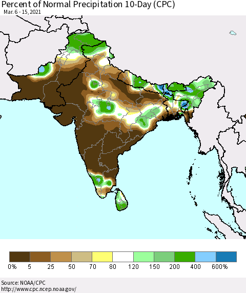 Southern Asia Percent of Normal Precipitation 10-Day (CPC) Thematic Map For 3/6/2021 - 3/15/2021