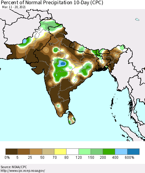 Southern Asia Percent of Normal Precipitation 10-Day (CPC) Thematic Map For 3/11/2021 - 3/20/2021