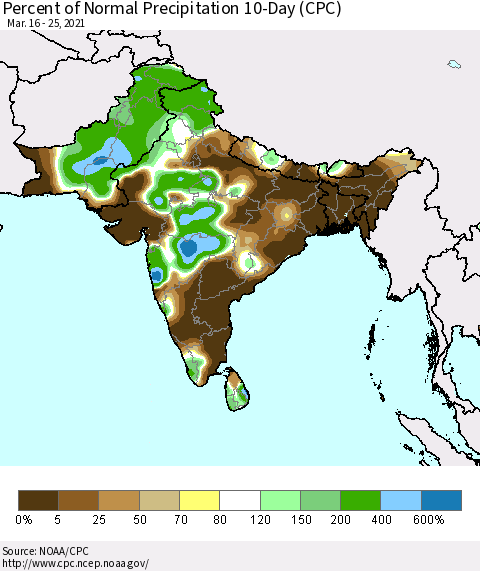 Southern Asia Percent of Normal Precipitation 10-Day (CPC) Thematic Map For 3/16/2021 - 3/25/2021