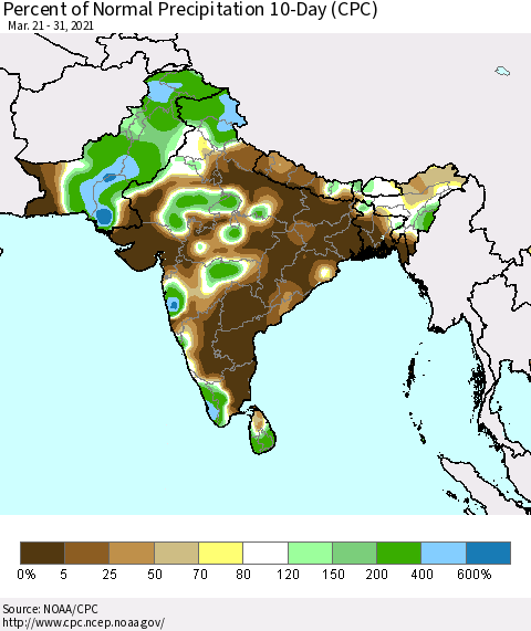 Southern Asia Percent of Normal Precipitation 10-Day (CPC) Thematic Map For 3/21/2021 - 3/31/2021