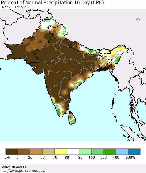 Southern Asia Percent of Normal Precipitation 10-Day (CPC) Thematic Map For 3/26/2021 - 4/5/2021