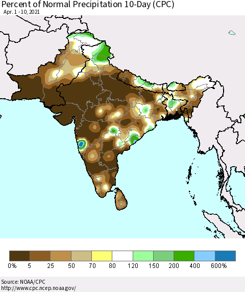 Southern Asia Percent of Normal Precipitation 10-Day (CPC) Thematic Map For 4/1/2021 - 4/10/2021