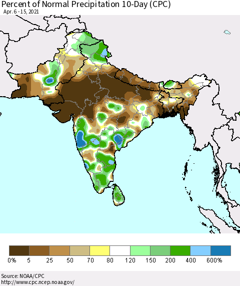 Southern Asia Percent of Normal Precipitation 10-Day (CPC) Thematic Map For 4/6/2021 - 4/15/2021