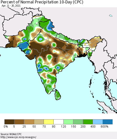 Southern Asia Percent of Normal Precipitation 10-Day (CPC) Thematic Map For 4/11/2021 - 4/20/2021
