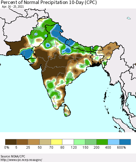 Southern Asia Percent of Normal Precipitation 10-Day (CPC) Thematic Map For 4/16/2021 - 4/25/2021