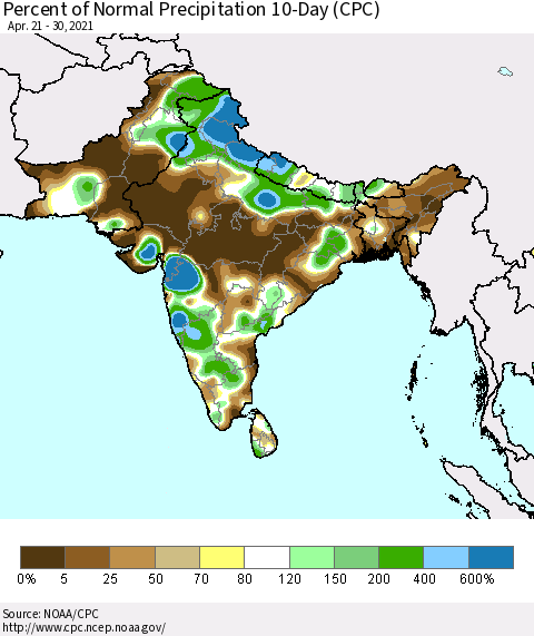 Southern Asia Percent of Normal Precipitation 10-Day (CPC) Thematic Map For 4/21/2021 - 4/30/2021