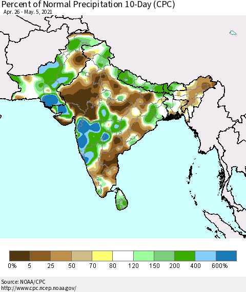 Southern Asia Percent of Normal Precipitation 10-Day (CPC) Thematic Map For 4/26/2021 - 5/5/2021