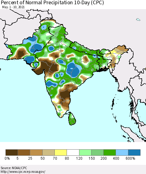 Southern Asia Percent of Normal Precipitation 10-Day (CPC) Thematic Map For 5/1/2021 - 5/10/2021