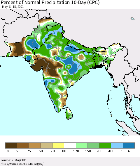 Southern Asia Percent of Normal Precipitation 10-Day (CPC) Thematic Map For 5/6/2021 - 5/15/2021
