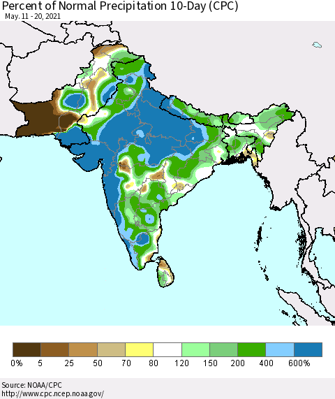 Southern Asia Percent of Normal Precipitation 10-Day (CPC) Thematic Map For 5/11/2021 - 5/20/2021