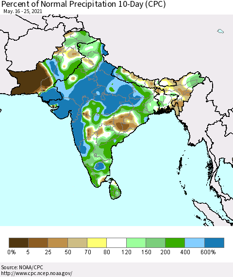 Southern Asia Percent of Normal Precipitation 10-Day (CPC) Thematic Map For 5/16/2021 - 5/25/2021