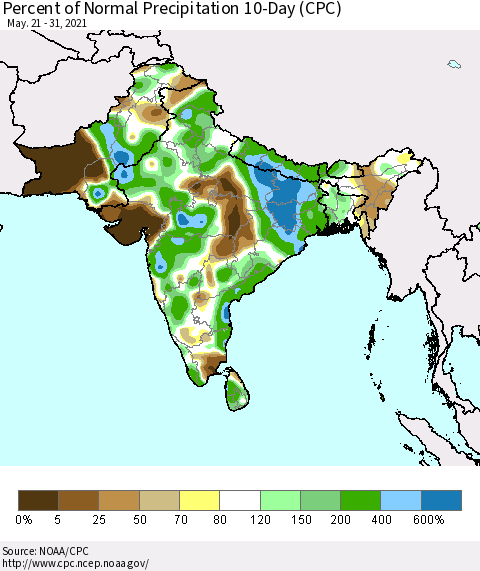Southern Asia Percent of Normal Precipitation 10-Day (CPC) Thematic Map For 5/21/2021 - 5/31/2021