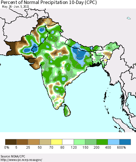 Southern Asia Percent of Normal Precipitation 10-Day (CPC) Thematic Map For 5/26/2021 - 6/5/2021