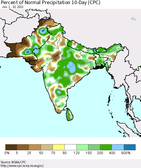 Southern Asia Percent of Normal Precipitation 10-Day (CPC) Thematic Map For 6/1/2021 - 6/10/2021