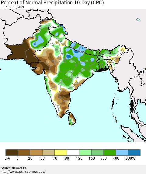 Southern Asia Percent of Normal Precipitation 10-Day (CPC) Thematic Map For 6/6/2021 - 6/15/2021