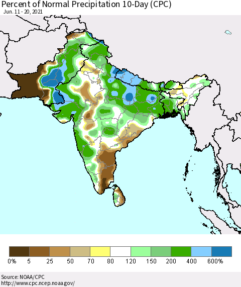 Southern Asia Percent of Normal Precipitation 10-Day (CPC) Thematic Map For 6/11/2021 - 6/20/2021