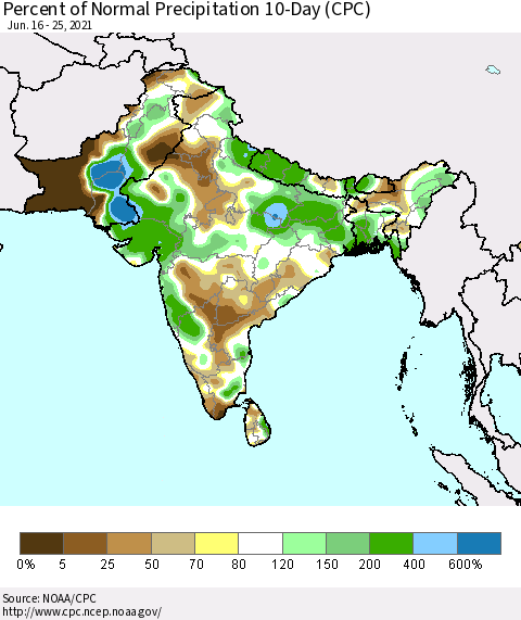 Southern Asia Percent of Normal Precipitation 10-Day (CPC) Thematic Map For 6/16/2021 - 6/25/2021
