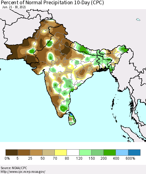 Southern Asia Percent of Normal Precipitation 10-Day (CPC) Thematic Map For 6/21/2021 - 6/30/2021