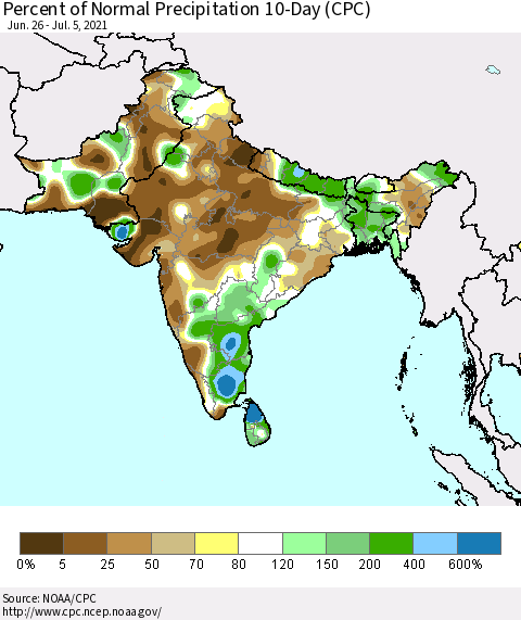Southern Asia Percent of Normal Precipitation 10-Day (CPC) Thematic Map For 6/26/2021 - 7/5/2021