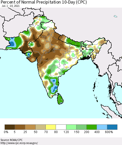 Southern Asia Percent of Normal Precipitation 10-Day (CPC) Thematic Map For 7/1/2021 - 7/10/2021