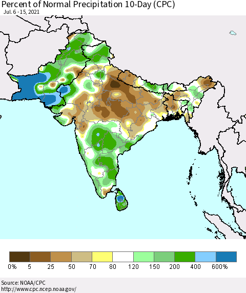 Southern Asia Percent of Normal Precipitation 10-Day (CPC) Thematic Map For 7/6/2021 - 7/15/2021